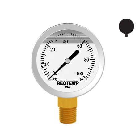 Reotemp, Premium 304 Stainless Steel Compound Gauge with Brass Internals, -30 inHg/0/100 PSI, 2-1/2 Inch Dial, 1/4 inch NPT Bottom Mount