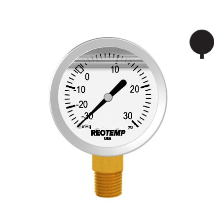 Reotemp, Premium 304 Stainless Steel Compound Gauge with Brass Internals, -30 inHg/0/30 PSI, 2-1/2 Inch Dial, 1/4 inch NPT Bottom Mount