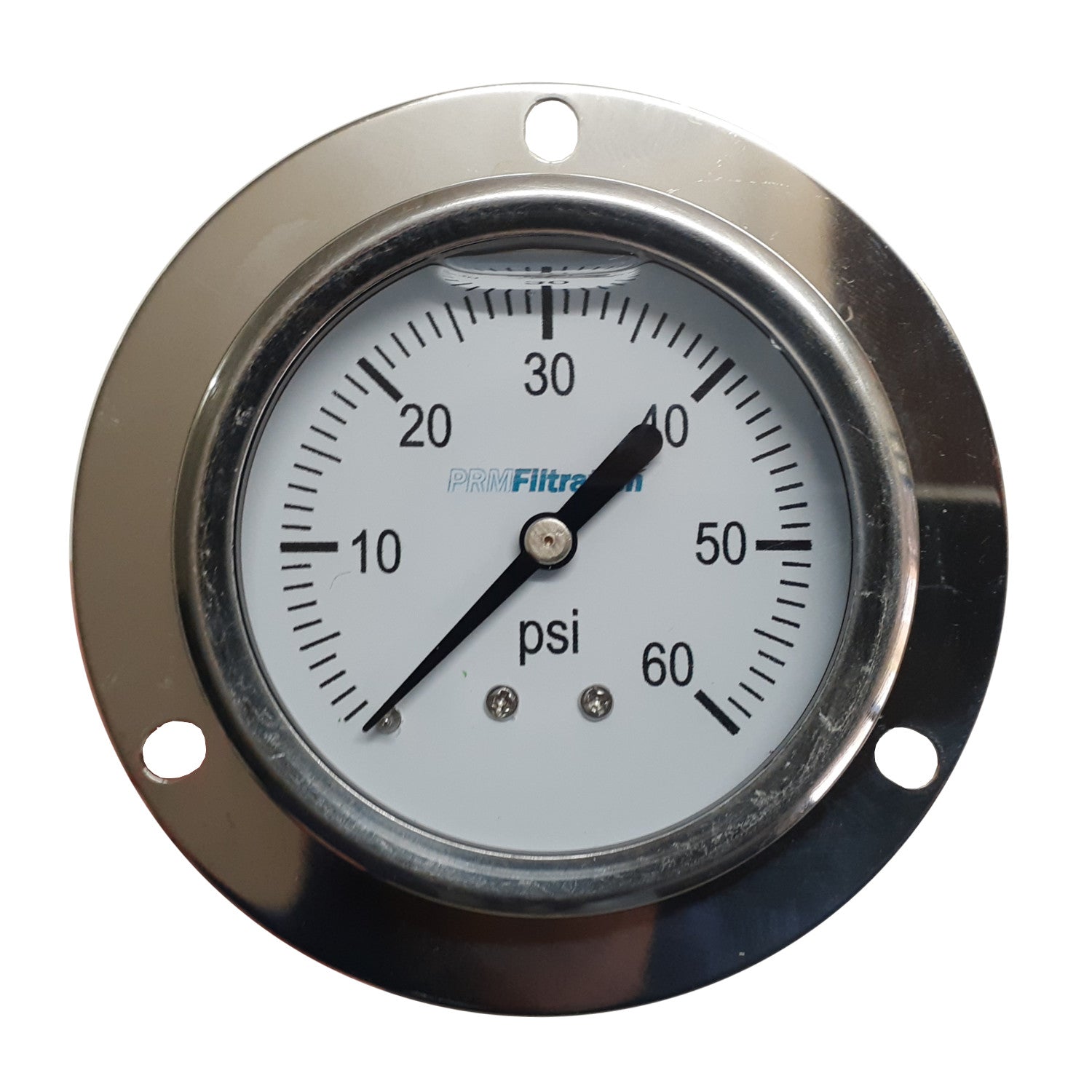 PRM, Premium 304 Stainless Steel Pressure Gauge with Brass Internals, 0-60 PSI, 2-1/2 Inch Dial, 1/4 inch NPT Back Mount with Front Flange, Calibration Certificate Option