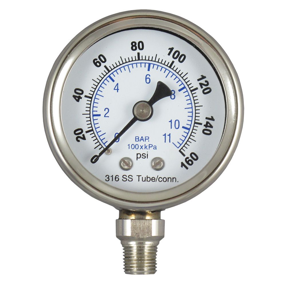 NEO, Water Pressure Gauge 160 PSI, 1/4" MPT, 2.5" Glass Dial, Lower Mount, SS Case