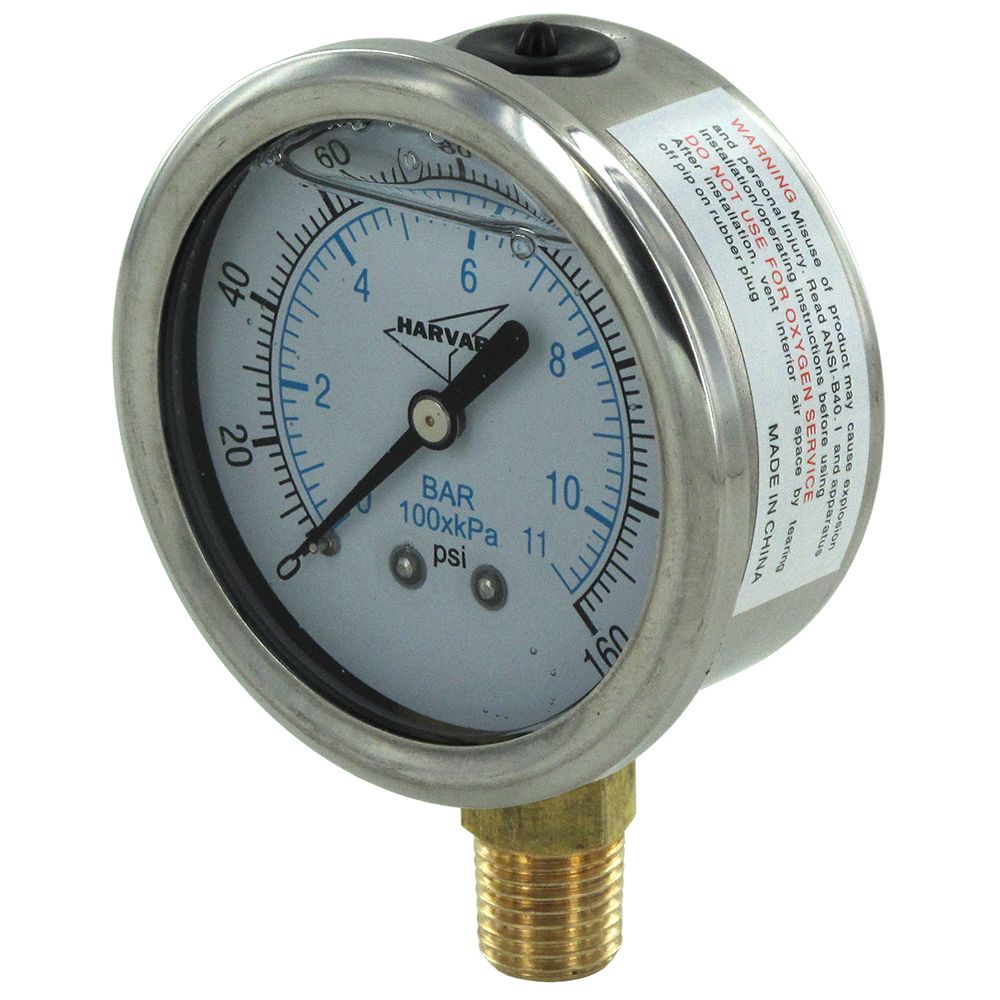 NEO, Water Pressure Gauge 160 PSI, 1/4" MPT, 2.5" Plastic Dial, Lower Mount, SS Case