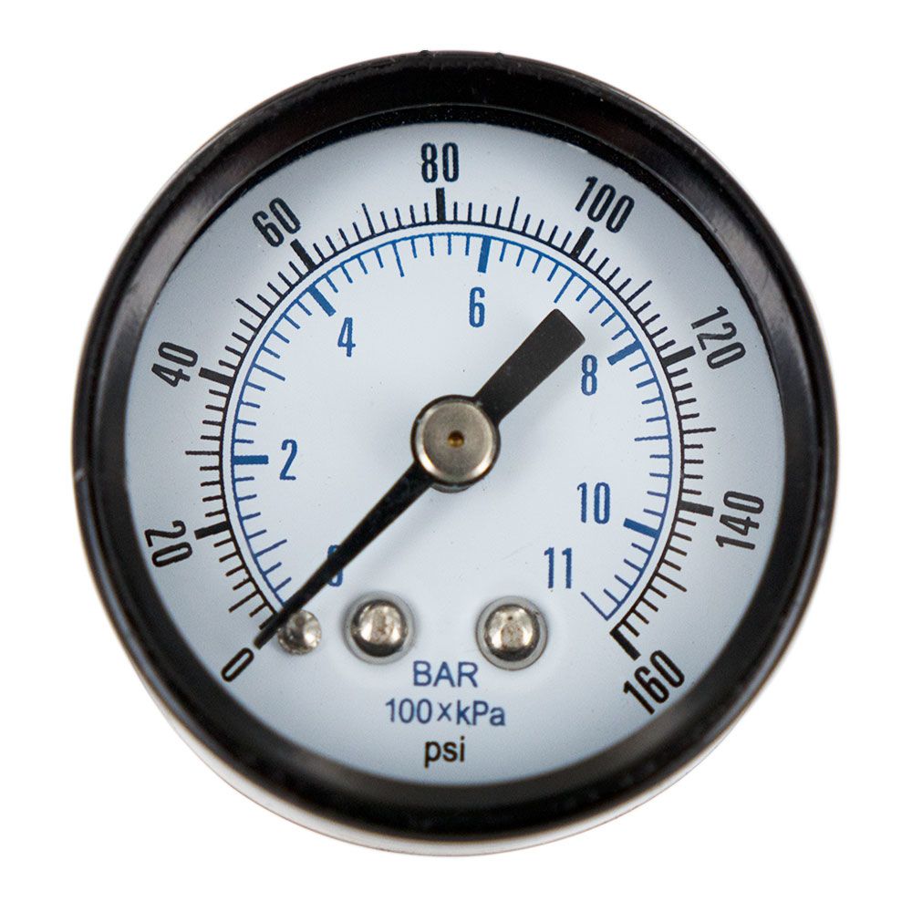 NEO, Water Pressure Gauge 160 PSI, 1/8" MPT, 1.5" Glass Dial, Center Mount, Black Steel Case