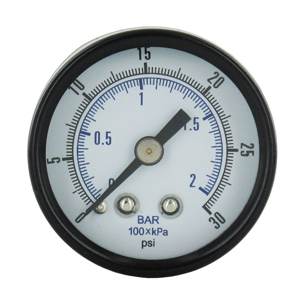 NEO, Water Pressure Gauge 30 PSI, 1/8" MPT, 1.5" Glass Dial, Center Mount, Black Steel Case