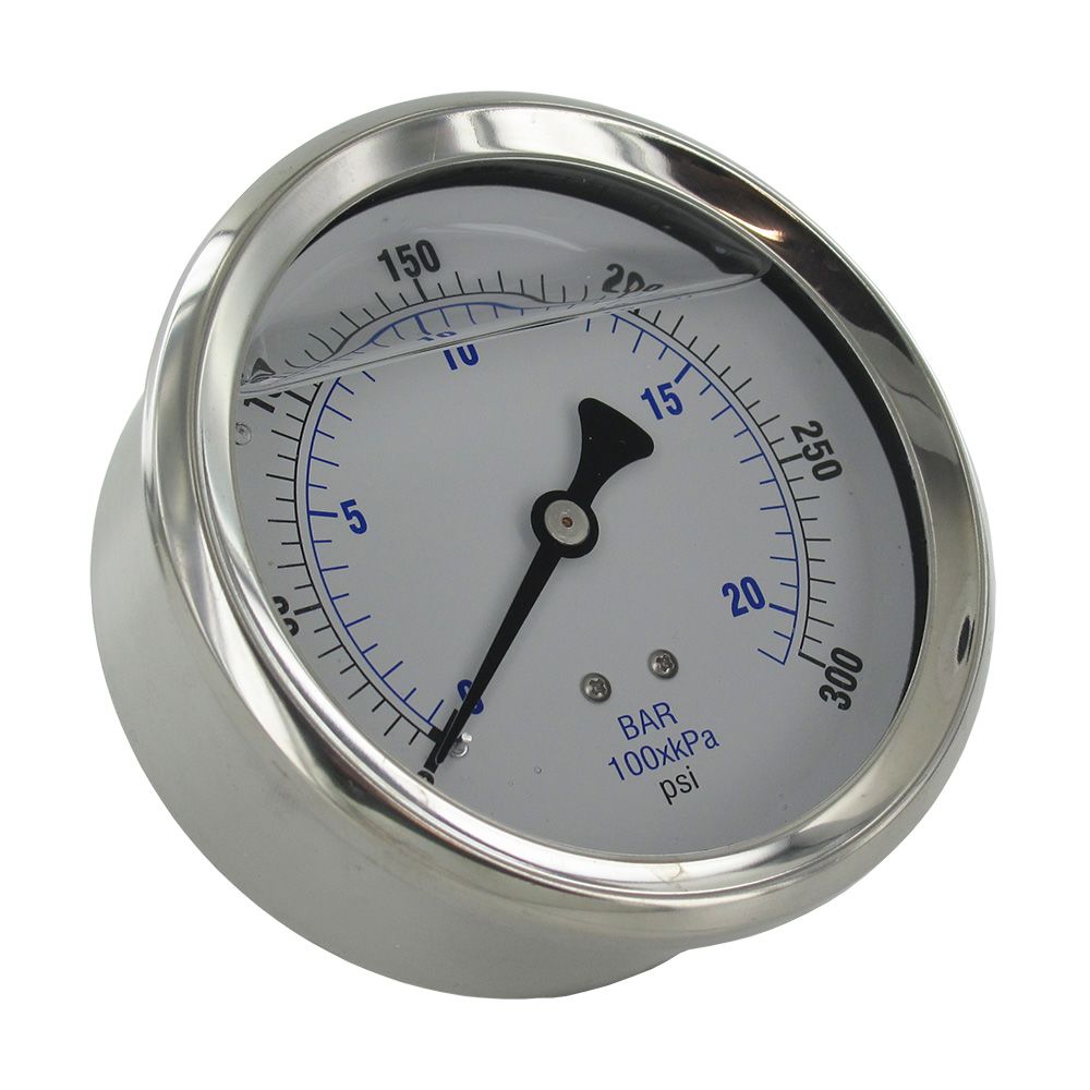 Liquatec, Water Pressure Gauge 300 PSI, 1/4" MPT, 4.0" Plastic Dial, Center Mount, SS Case